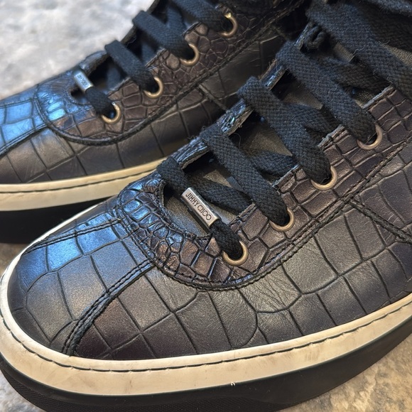 Jimmy Choo Belgravia Black Croc Embossed Leather High Top Sneakers Size EU 48 - Picture 5 of 11